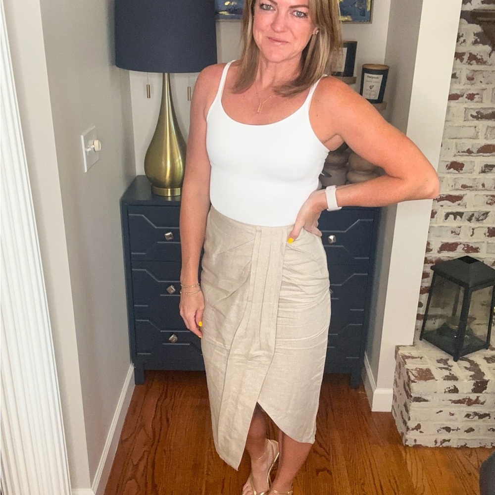 Super High Waisted Linen-Blend Shine Draped Midi Skirt